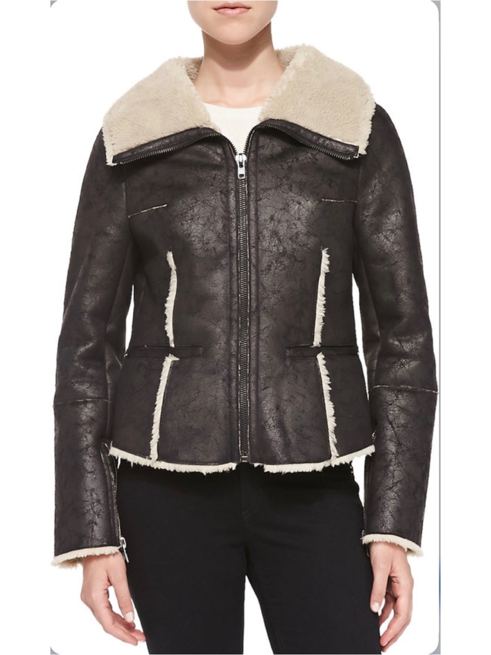 Velvet by Graham & Spencer Black Faux Leather Shearling Aviator Jacket Teddy Fur